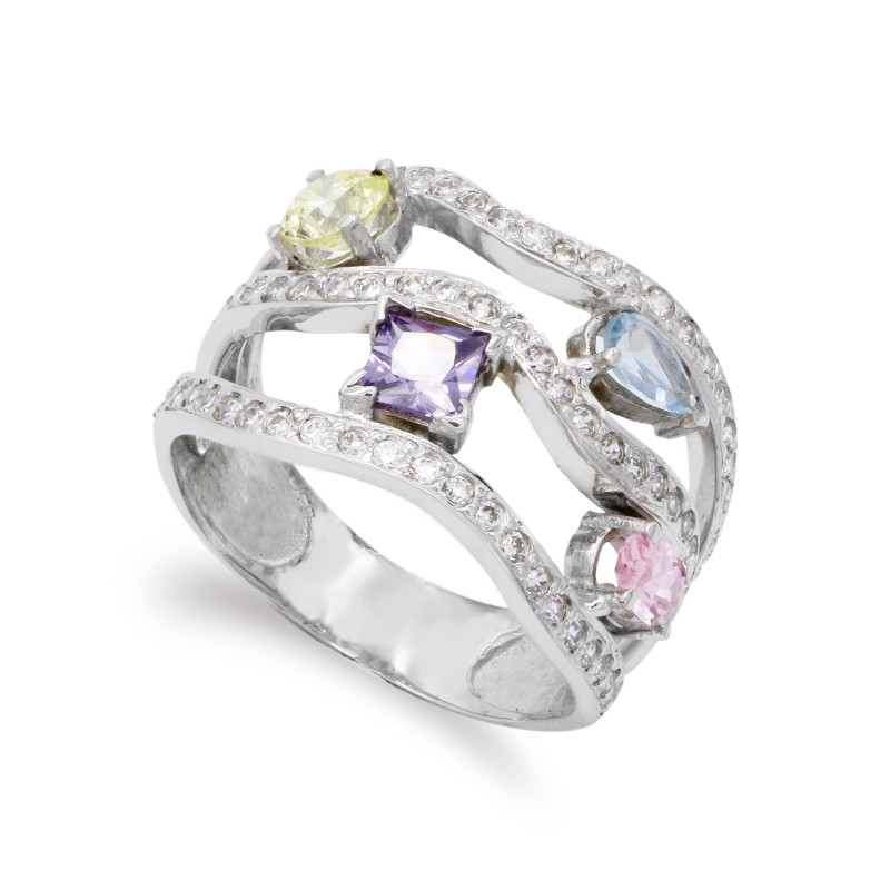 18K SORTIJA ORO BLANCO PIEDRAS DE COLOR Y CIRCONITAS. ANCHO: 15 MM