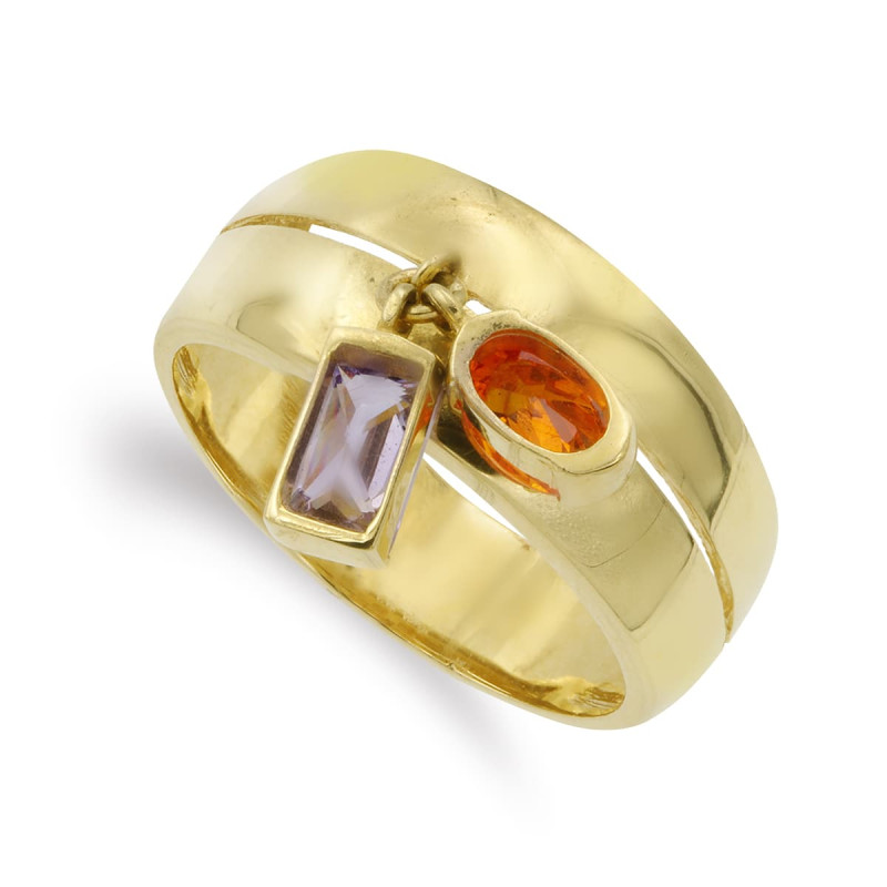 18K SORTIJA ORO AMARILLO DOS PIEDRAS AMATISTA Y NARANJA. ANCHO: 9 MM