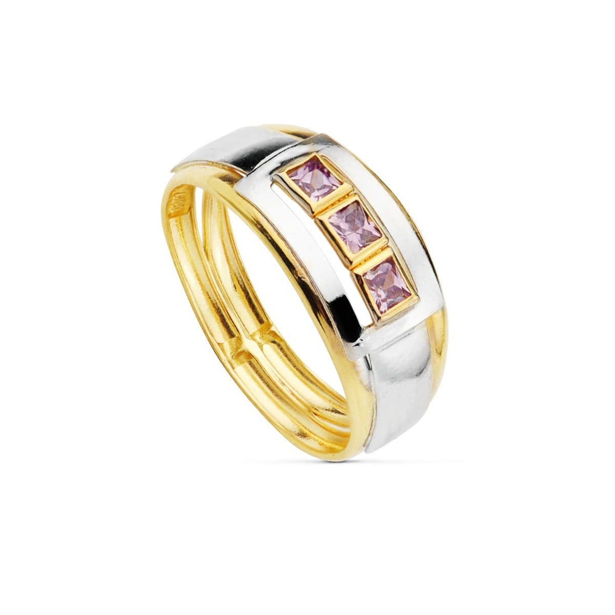 18K SORTIJA ORO BICOLOR DOBLE CUERPO MOTIVO Y CIRCONITA AMATISTAS. ANCHO: 12 MM