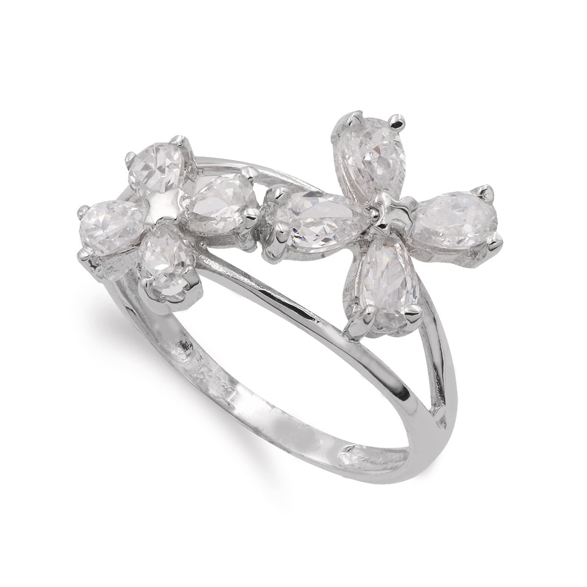 18K SORTIJA ORO BLANCO CON FLORES DE CIRCONITA ANCHO 13 MM