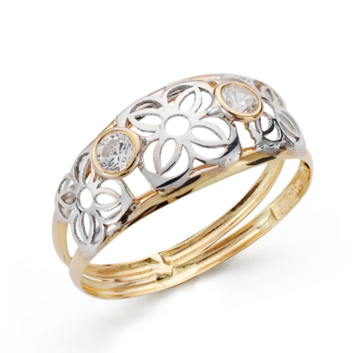 18K SORTIJA ORO BICOLOR DOBLE CUERPO FLORES CALADAS Y CIRCONITAS. ANCHO: 8 MM