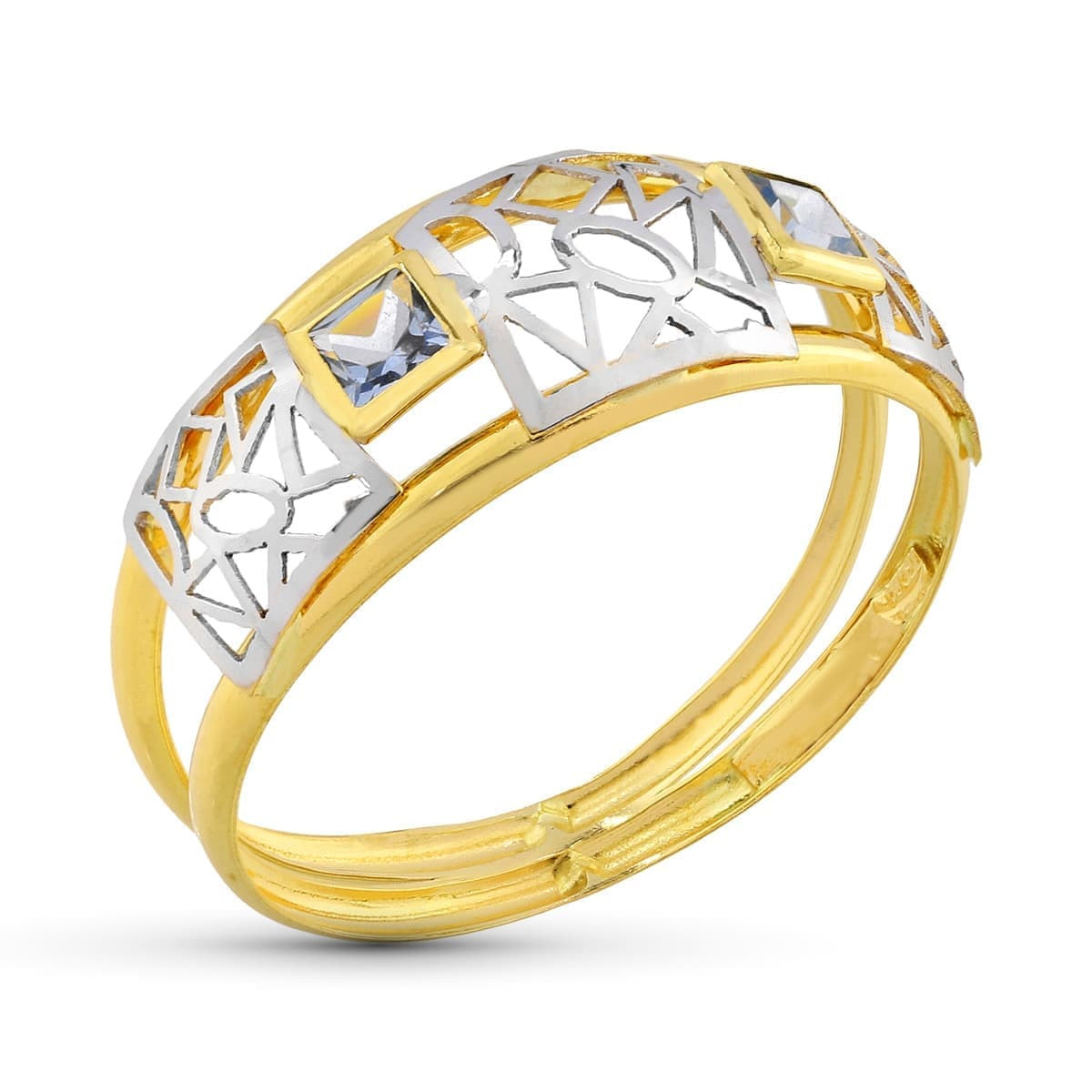 18K SORTIJA ORO BICOLOR DOBLE CUERPO CON MOTIVO CALADO Y CIRCONITA CUADRADAS. ANCHO: 8,5 MM