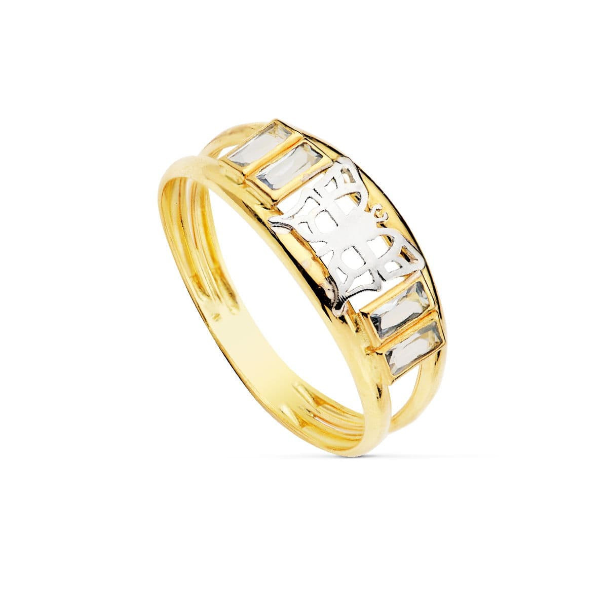 18K SORTIJA ORO BICOLOR DOBLE CUERPO CON MARIPOSA CALADA Y CIRCONITA BAGUETTE. ANCHO: 7,5 MM