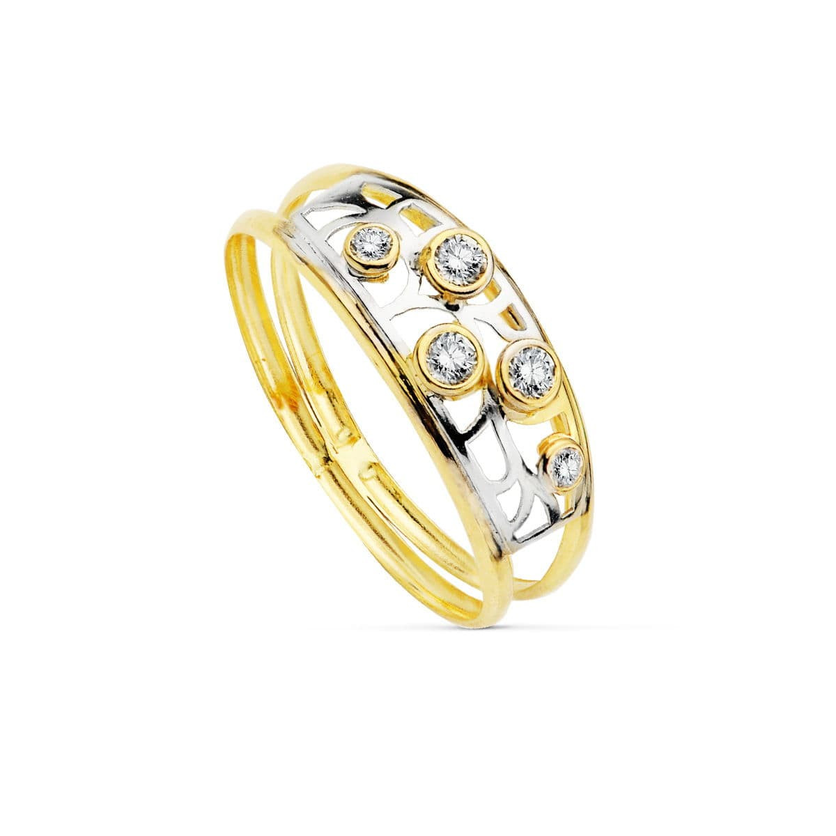 18K SORTIJA ORO BICOLOR DOBLE CUERPO CON CIRCONITA Y MOTIVOS CALADOS. ANCHO: 7 MM