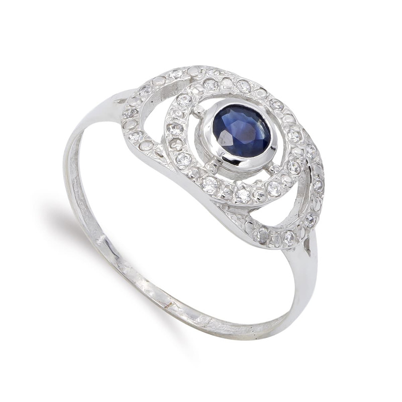 18K SORTIJA ORO BLANCO MOTIVO CON CIRCONITA Y ZAFIRO. ANCHO: 9 MM