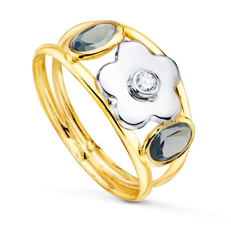 18K SORTIJA ORO BICOLOR FLOR CON CIRCONITA Y CIRCONITA AGUAMARINA OVALES ANCHO: 9 MM