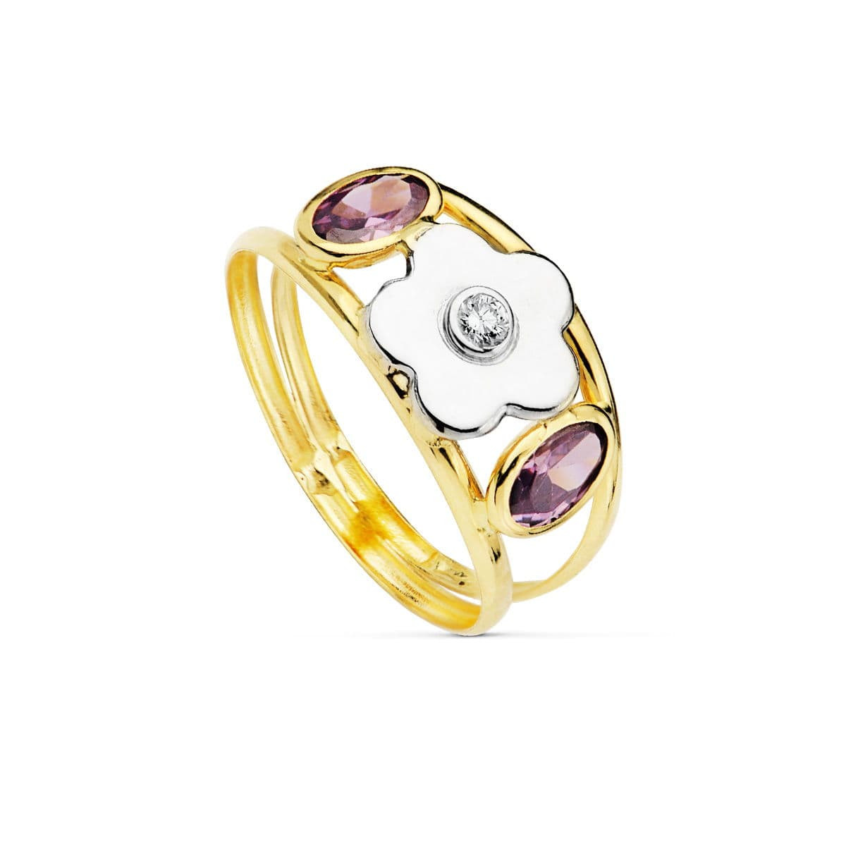 18K SORTIJA ORO BICOLOR FLOR CON CIRCONITA Y CIRCONITA AMATISTAS OVALES ANCHO: 9 MM