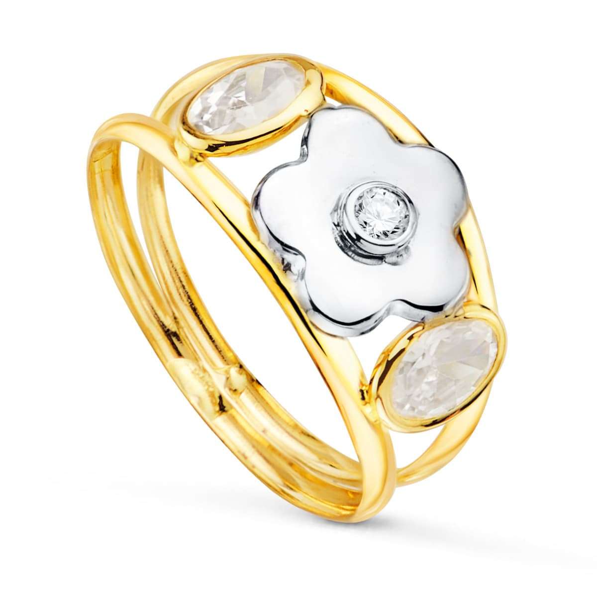 18K SORTIJA ORO BICOLOR FLOR CON CIRCONITA Y CIRCONITA BLANCAS OVALES ANCHO: 9 MM