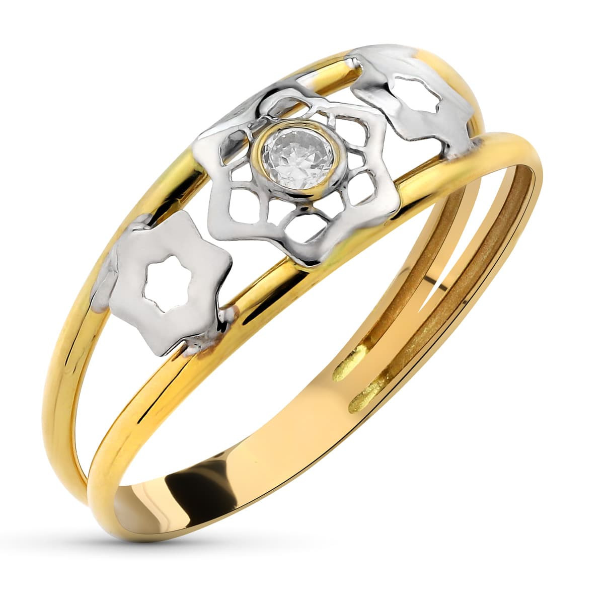 18K SORTIJA ORO BICOLOR DOBLE CUERPO CON CIRCONITA Y MOTIVOS FLOR CALADOS. ANCHO: 6,5 MM