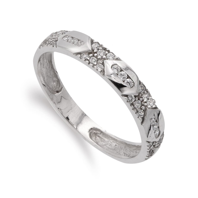 18K SORTIJA ORO BLANCO CON CIRCONITA Y DETALLES EN BRILLO. ANCHO 3.5 MM