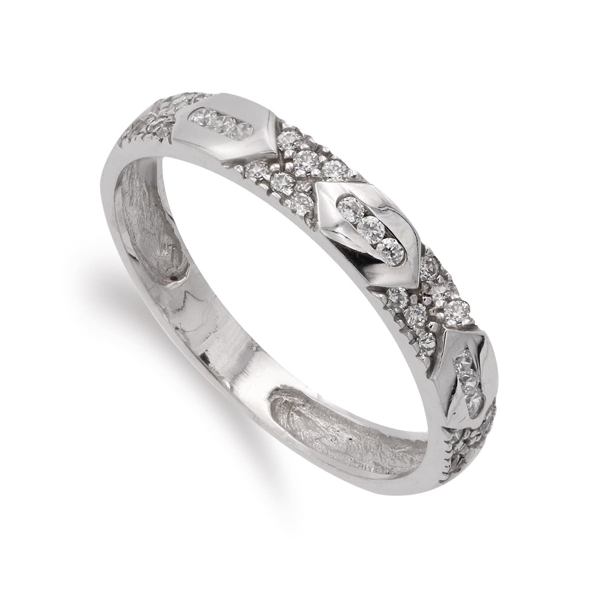 18K SORTIJA ORO BLANCO CON CIRCONITA Y DETALLES EN BRILLO. ANCHO 3.5 MM