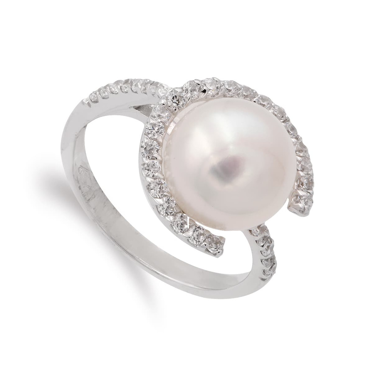 18K SORTIJA ORO BLANCO Y CIRCONITA CON PERLA 10 MM. ANCHO CUERPO: 3 MM