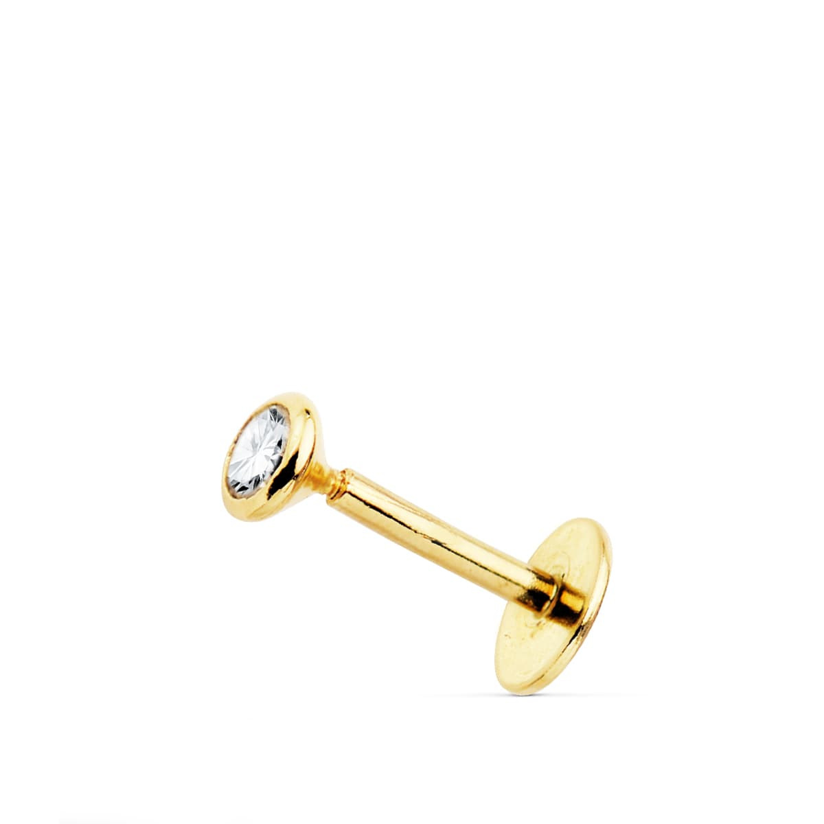 18K PIERCING LABIO ORO AMARILLO CIRCONITA BOCEL 3 MM GRUESO BARRA 1.20 MM LONGITUD 7 MM TOTAL PIERCING 9 MM CIERRE TUERCA