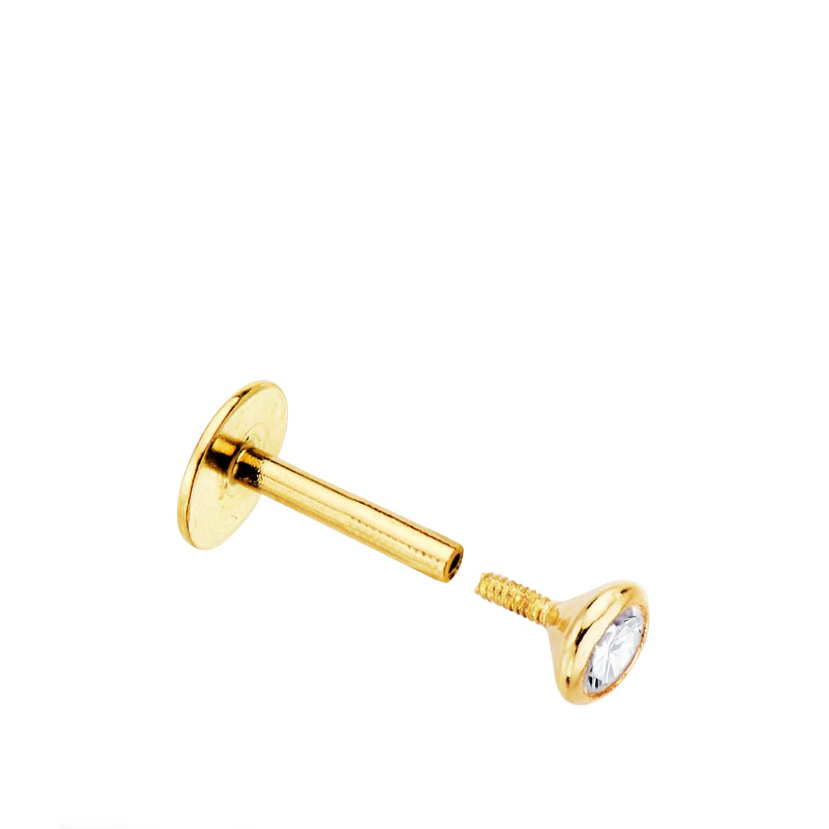 18K PIERCING LABIO ORO AMARILLO CIRCONITA BOCEL 3 MM GRUESO BARRA 1.20 MM LONGITUD 7 MM TOTAL PIERCING 9 MM CIERRE TUERCA