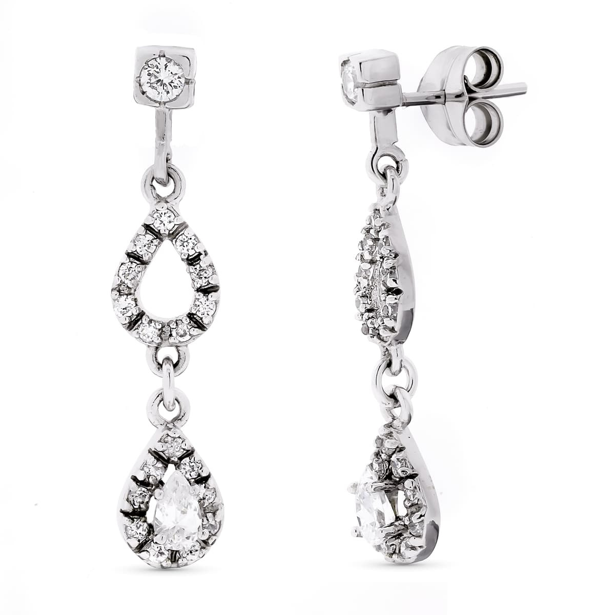 18K PENDIENTES ORO BLANCO LARGOS CIRCONITA 32X7 MM CIERRE PRESION