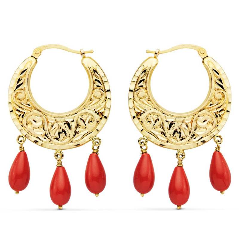 18K AROS TALLADOS CORAL  40 X 25 MM