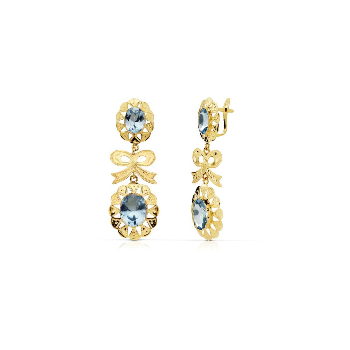 18K PENDIENTES CUBANAS ORO AMARILLO CUBANA LAZO AGUAMARINA 43X15 MM CIERRE CATALAN