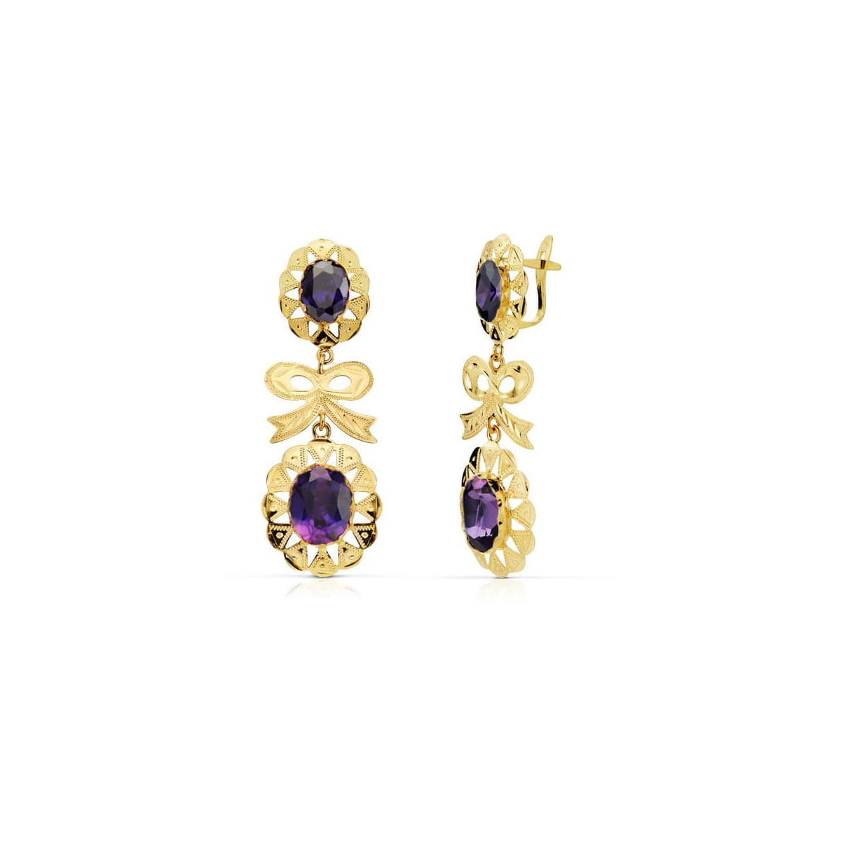 18K PENDIENTES CUBANAS ORO AMARILLO CUBANA LAZO AMATISTA 43X15 MM CIERRE CATALAN