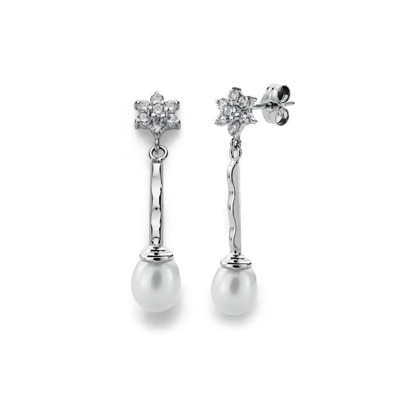 18K PENDIENTES ORO BLANCO .CUAJO Y PERLA 34X6 MM CIERRE PRESION