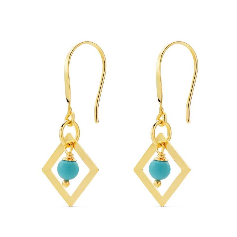 18K PENDIENTES ORO AMARILLO CUADRADO CORAL O TURQUESA 30X14 MM CIERRE GANCHO