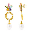 18K PENDIENTES ORO AMARILLO CIRCONITA Y PERLA Y FLOR DE PIEDRA DE COLOR CIERRE PRESION