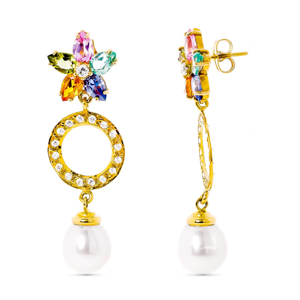 18K PENDIENTES ORO AMARILLO CIRCONITA Y PERLA Y FLOR DE PIEDRA DE COLOR CIERRE PRESION