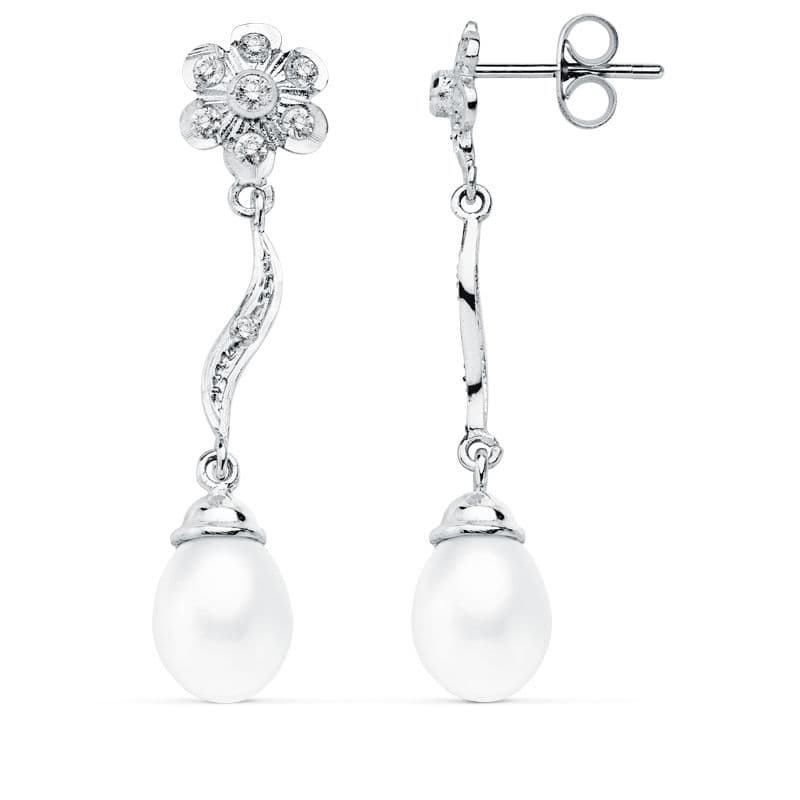 18K PENDIENTES ORO BLANCO PERLA 9X7 MM FLOR 38X8 MM CIERRE PRESION