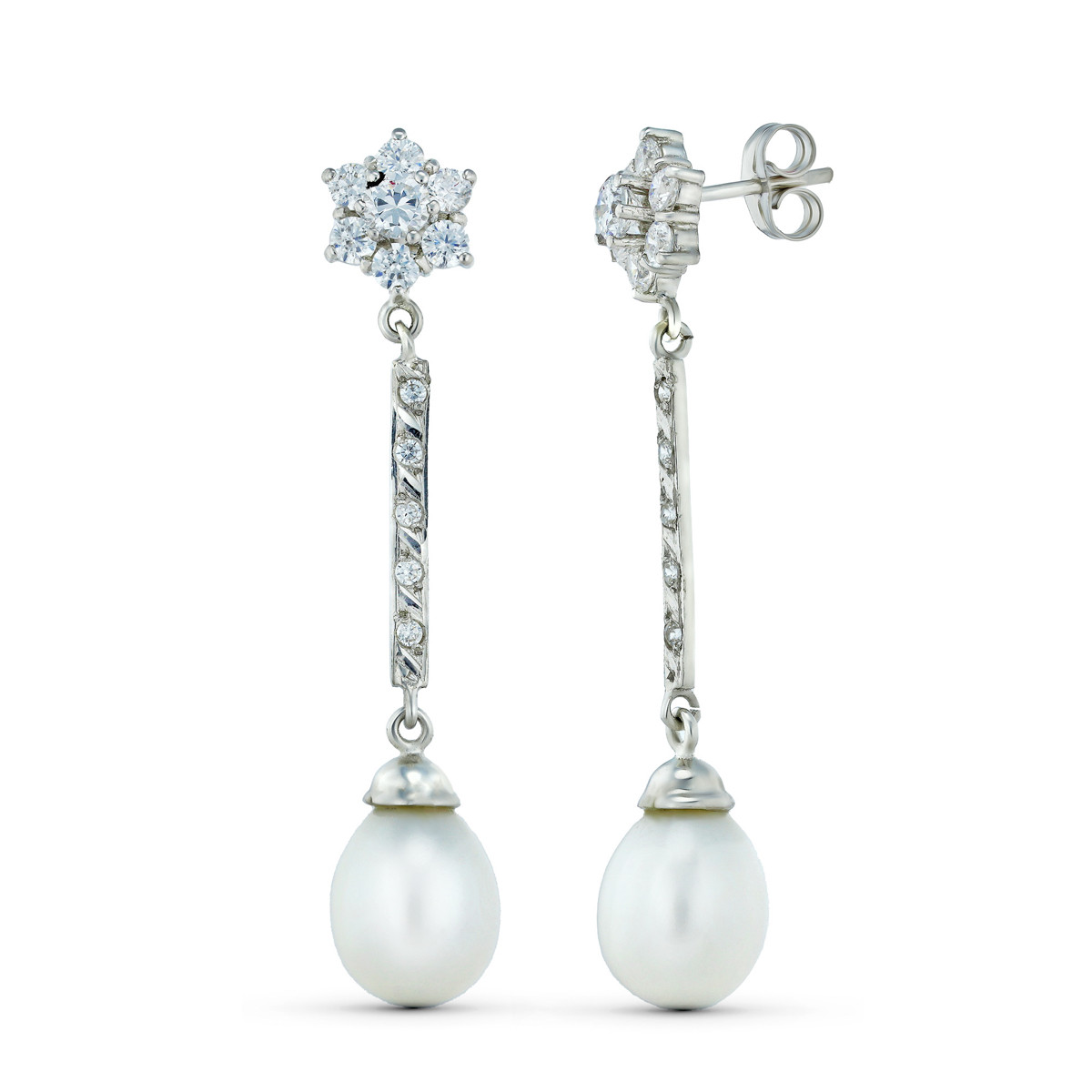 18K PENDIENTES ORO BLANCO TRES CUERPOS CUAJO Y PERLA. CIERRE PRESION