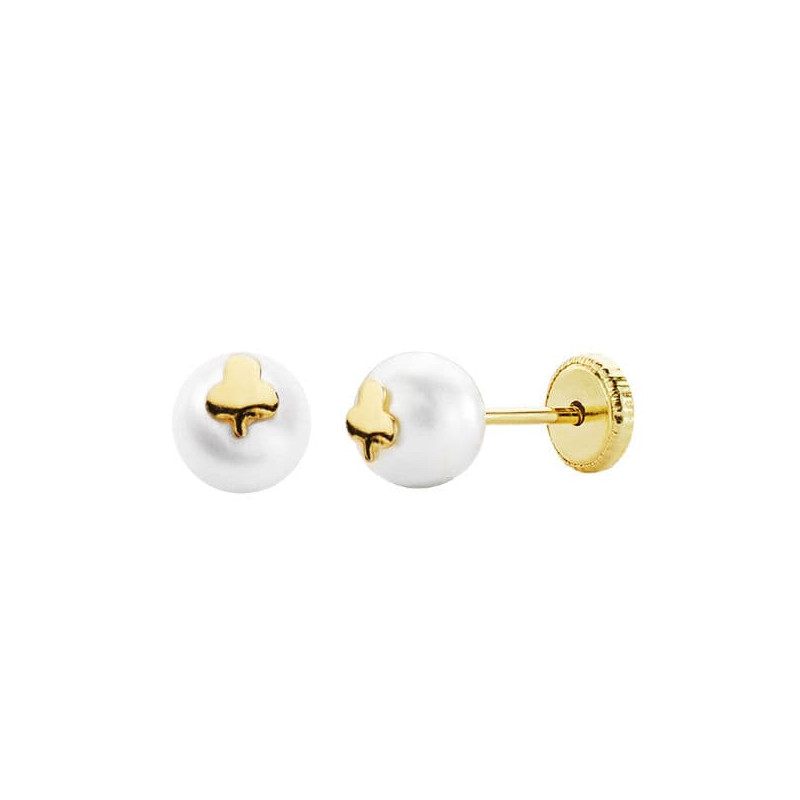 18K PENDIENTES ORO AMARILLO TREBOL Y PERLA 6 MM TUERCA