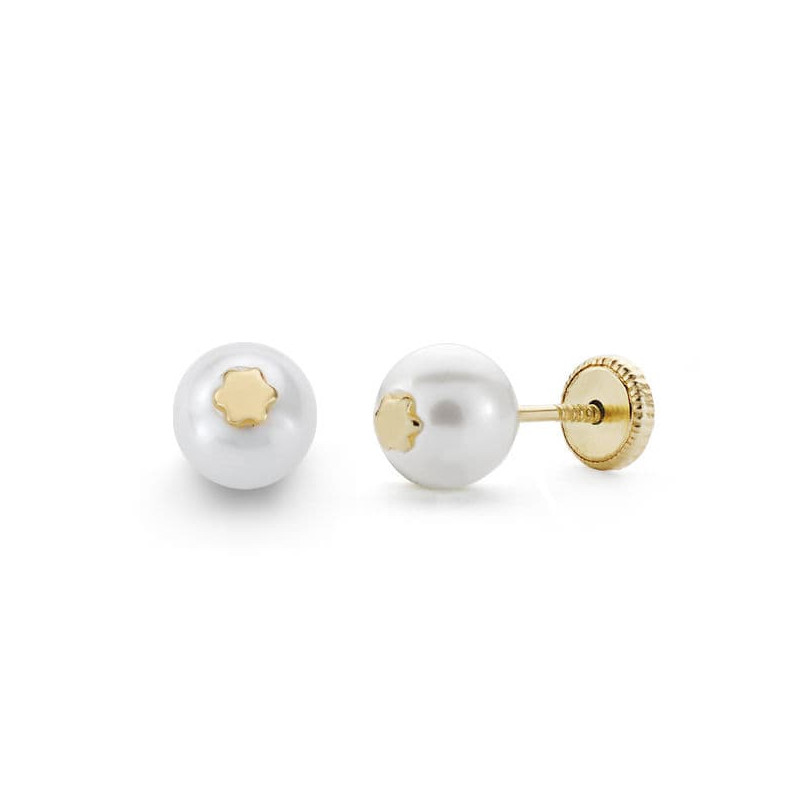 18K PENDIENTES ORO AMARILLO PERLA Y ESTRELLA 6 MM CIERRE TUERCA