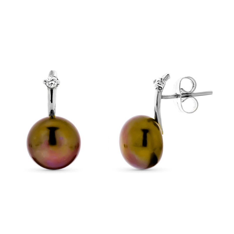 18K PENDIENTES ORO BLANCO PERLA BOTON 10 MM MARRON CIERRE PRESION