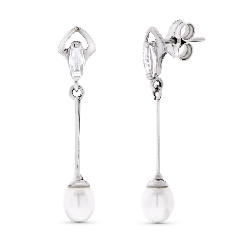 18K PENDIENTES ORO BLANCO LARGOS Y PERLAS CIERRE PRESION