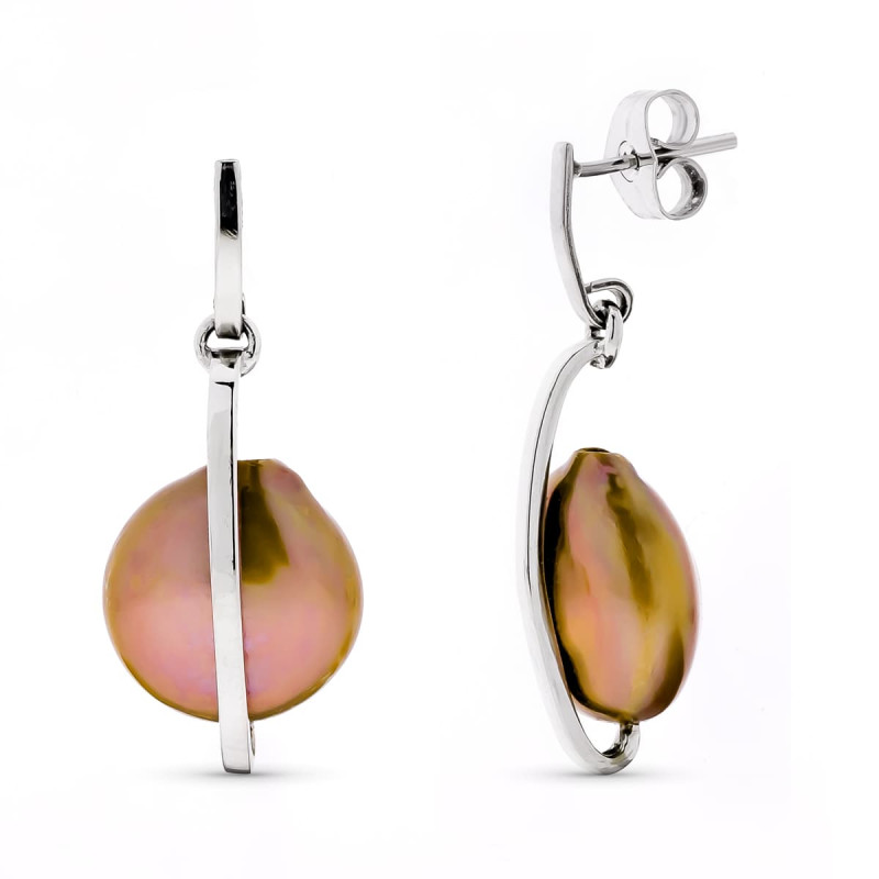 18K PENDIENTES ORO BLANCO LARGOS Y PERLA CHOCOLATE CIERRE PRESION