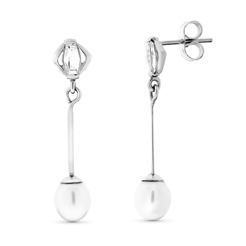 18K PENDIENTES ORO BLANCO LARGOS Y PERLAS CIERRE PRESION