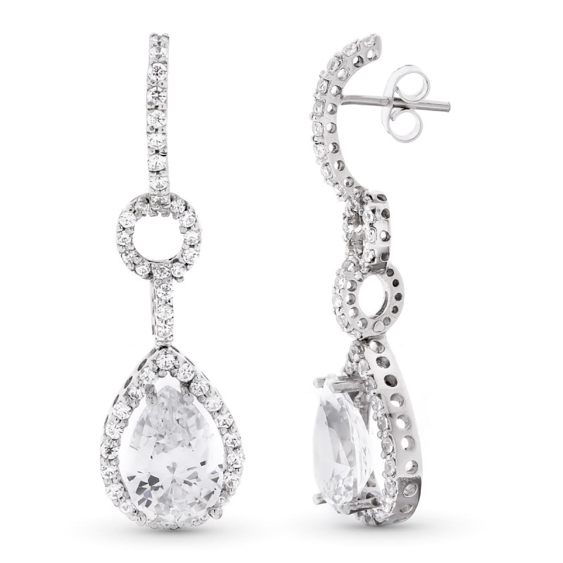 18K PENDIENTES ORO BLANCO LARGOS CIRCONITA 41X11 MM CIERRE PRESION