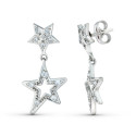 18K PENDIENTES ORO BLANCO DOS CUERPOS CON ESTRELLAS Y CIRCONTIAS 24X13 MM. CIERRE PRESION