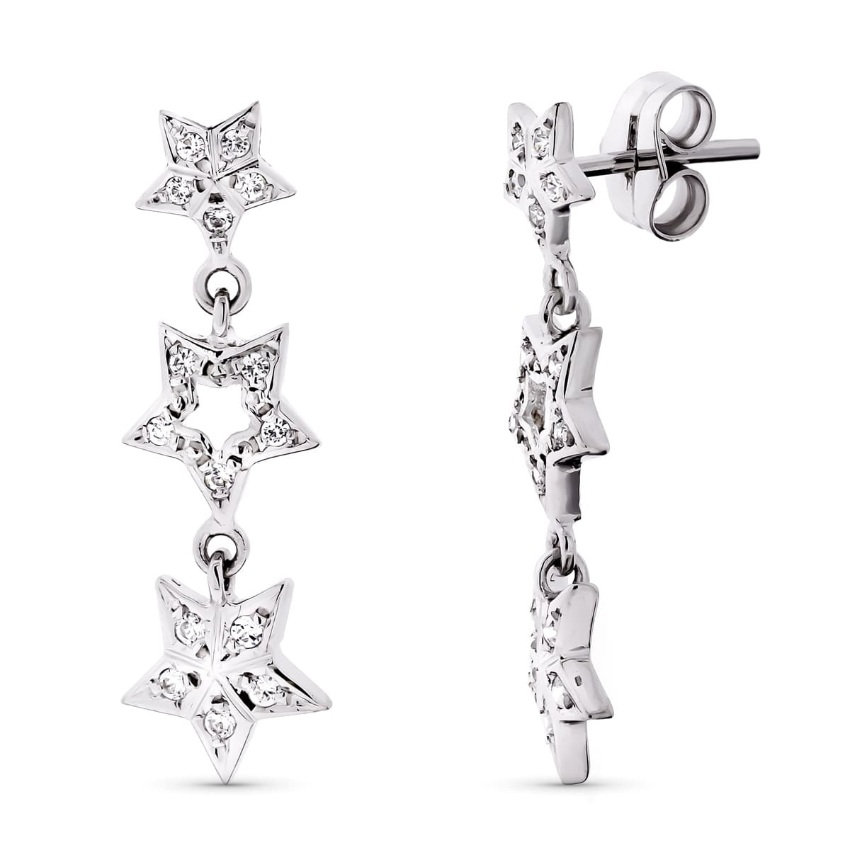 18K PENDIENTES ORO BLANCO LARGOS CIRCONITA Y ESTRELLAS. 27X8 MM CIERRE PRESION