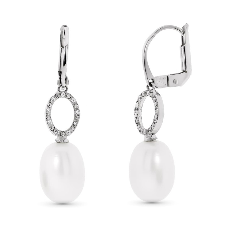 18K PENDIENTES ORO BLANCO MOTIVO OVAL Y PERLA 9 MM CIERRE CATALAN