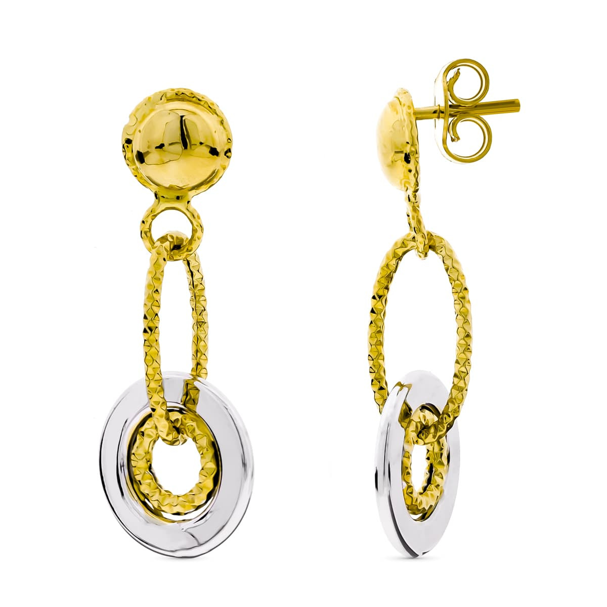 18K PENDIENTES ORO BICOLOR LARGOS CON MOTIVOS REDONDOS Y BOLA LISACIERRE PRESION