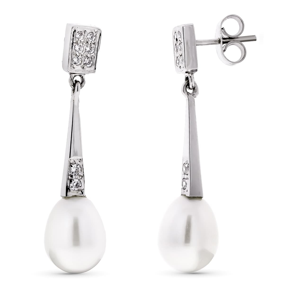18K PENDIENTES ORO BLANCO LARGOS PERLA Y CIRCONITA CIERRE PRESION