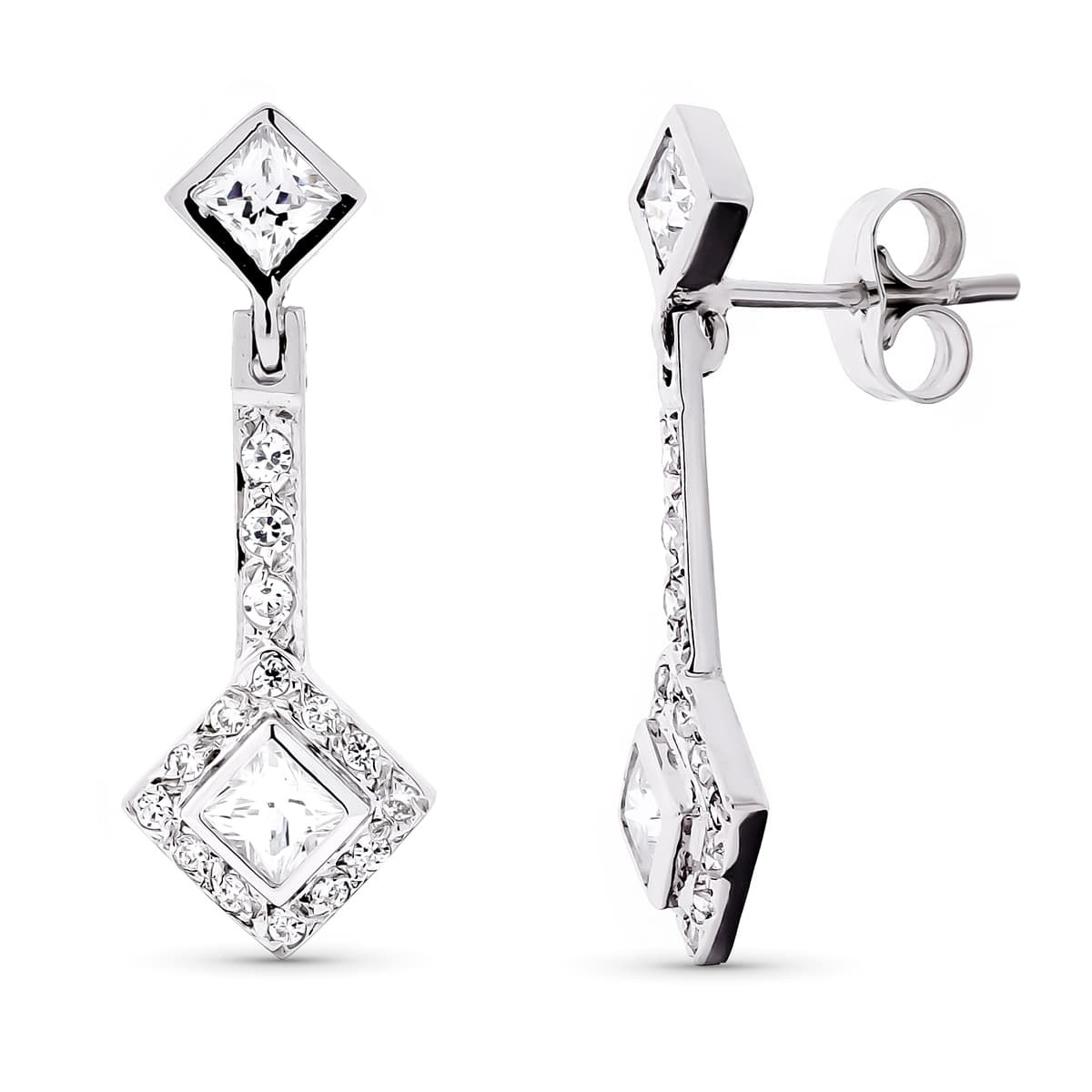 18K PENDIENTES ORO BLANCO LARGOS CIRCONITA 24X9 MM CIERRE PRESION