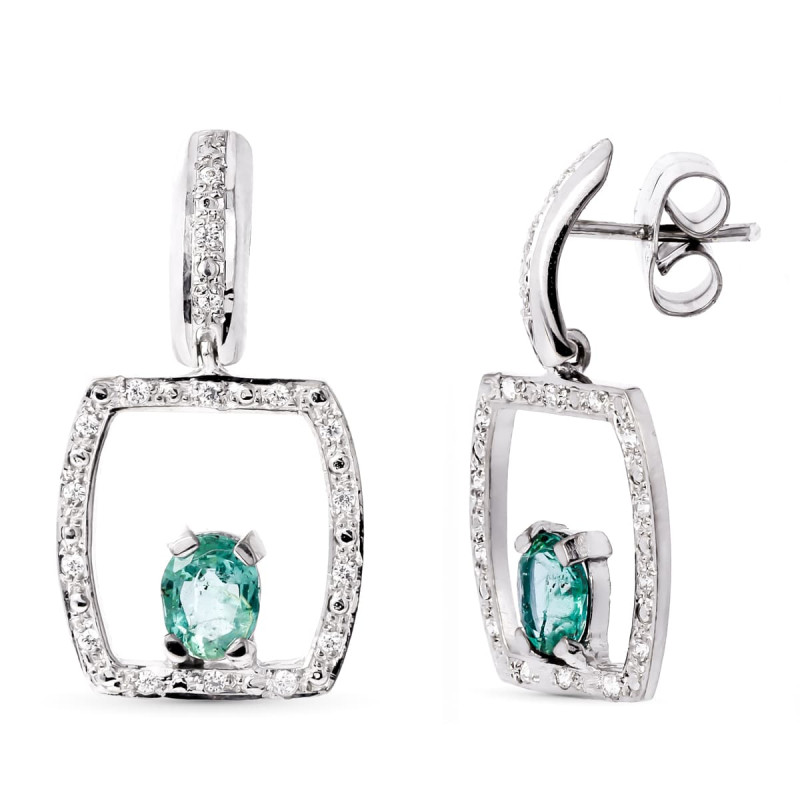 18K PENDIENTES ORO BLANCO ESMERALDA 5X4 MM CIERRE PRESION