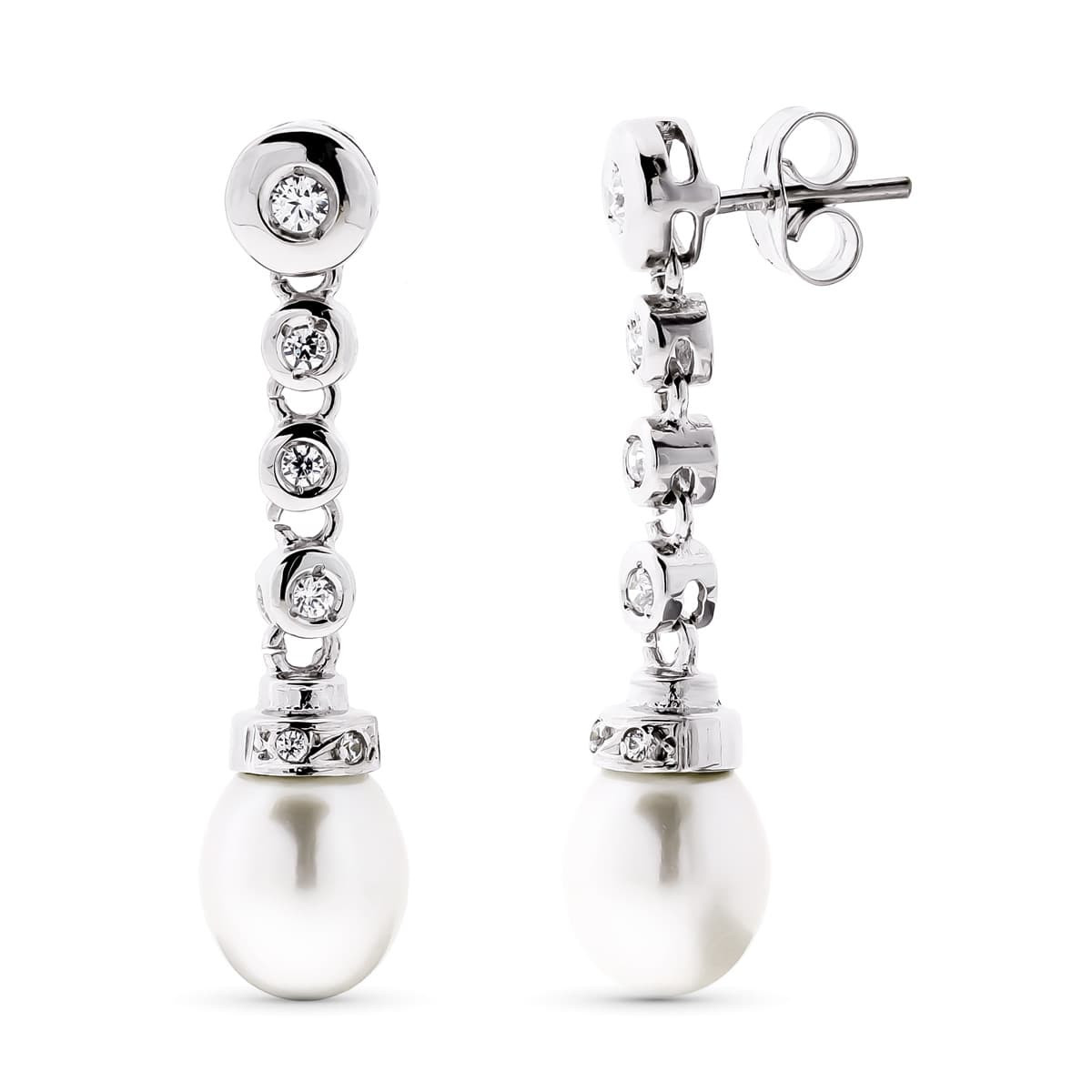 18K PENDIENTES ORO BLANCO LARGO PERLA CIULTIVADA 8 MM Y CIRCONITA TOTAL 30X7 MM CIERRE PRESION
