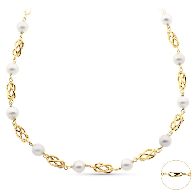 18K GARGANTILLA ORO AMARILLO CON PERLA DE 8.5 MM Y JAULAS DE ORO. LONGITUD 50CM