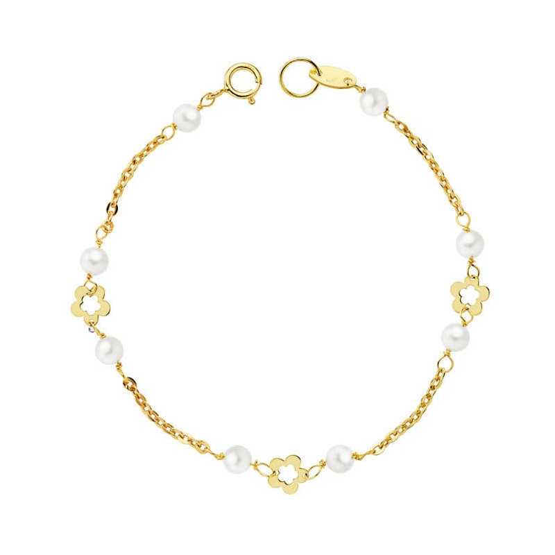 18K PULSERA ORO AMARILLO PERLAS 3,5 MM Y FLORES 12CM