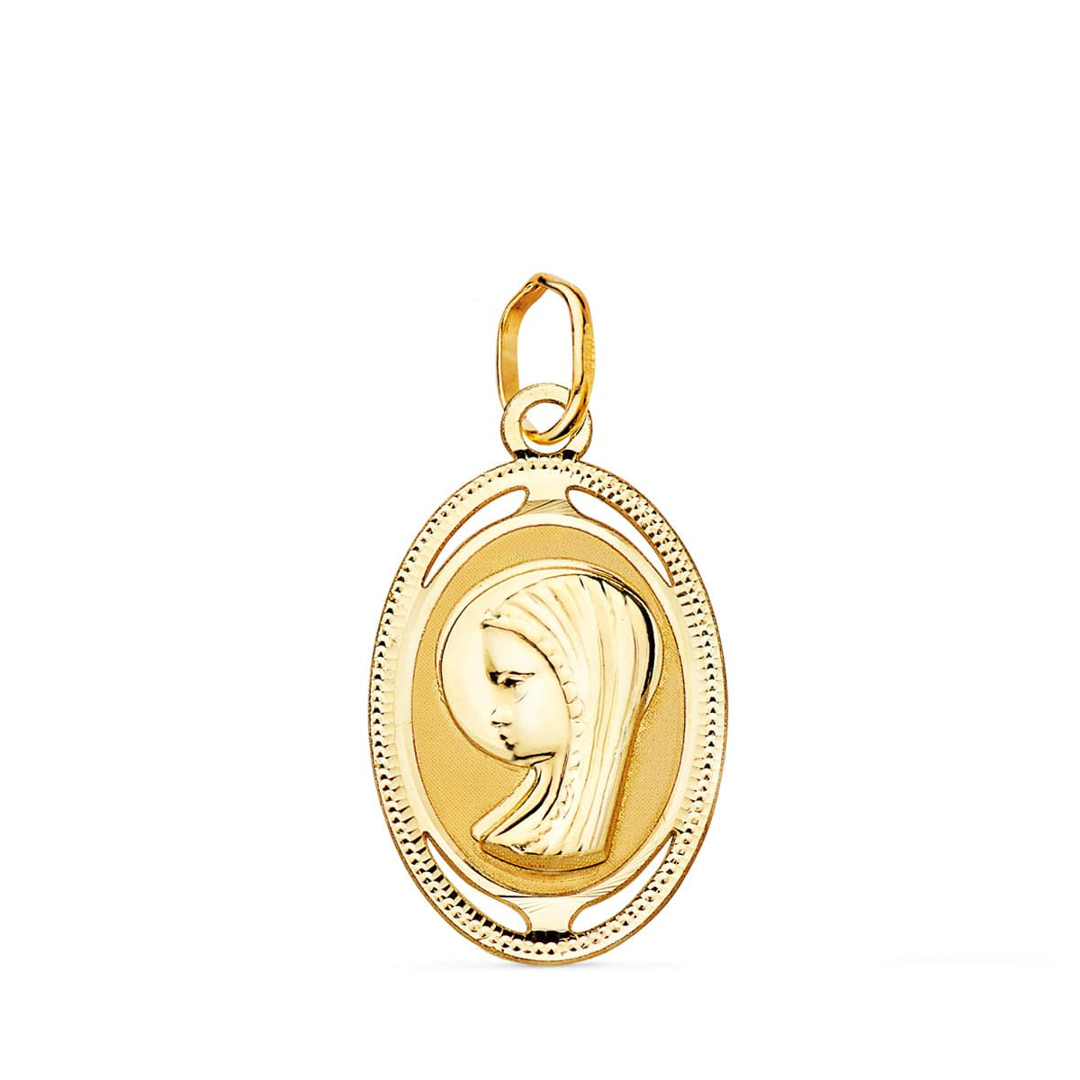 18K MEDALLA ORO AMARILLO OVAL VIRGEN NIÑA CON BORDE TALLADO Y CALADO 19X12 MM