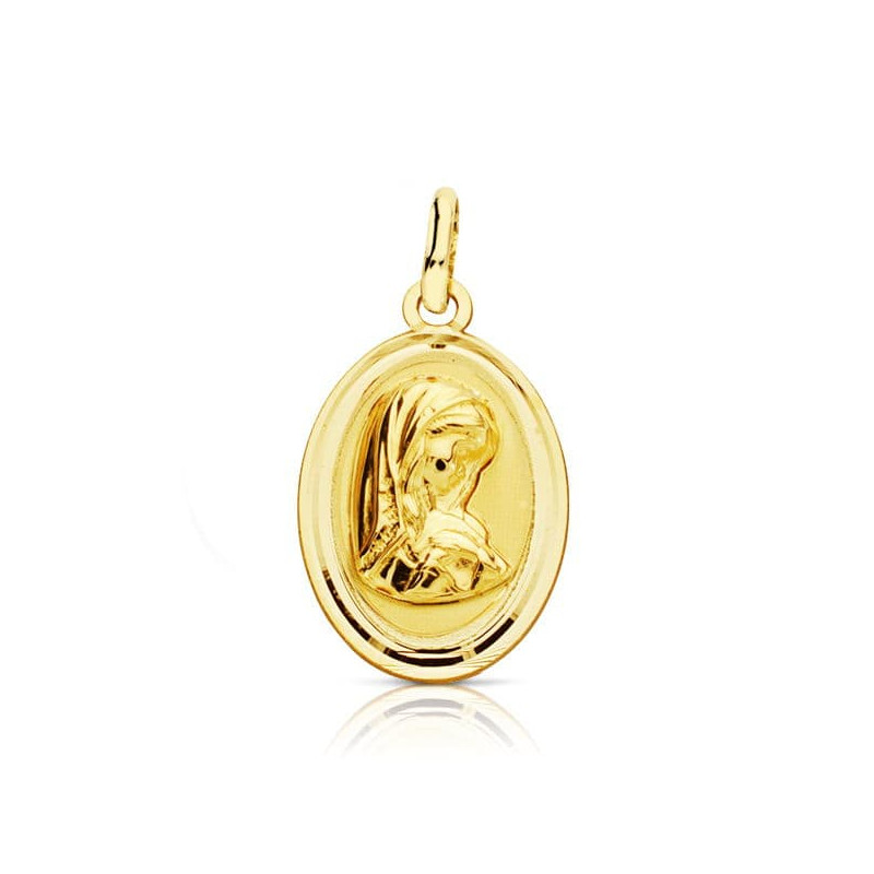 18K MEDALLA ORO AMARILLO VIRGEN NIÑA OVAL BISEL LISO 19X12 MM