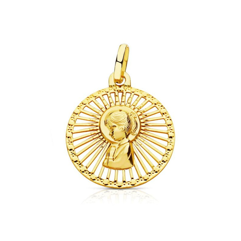 18K MEDALLA ORO AMARILLO VIRGEN NIÑA CERCO CALADO 21X18 MM
