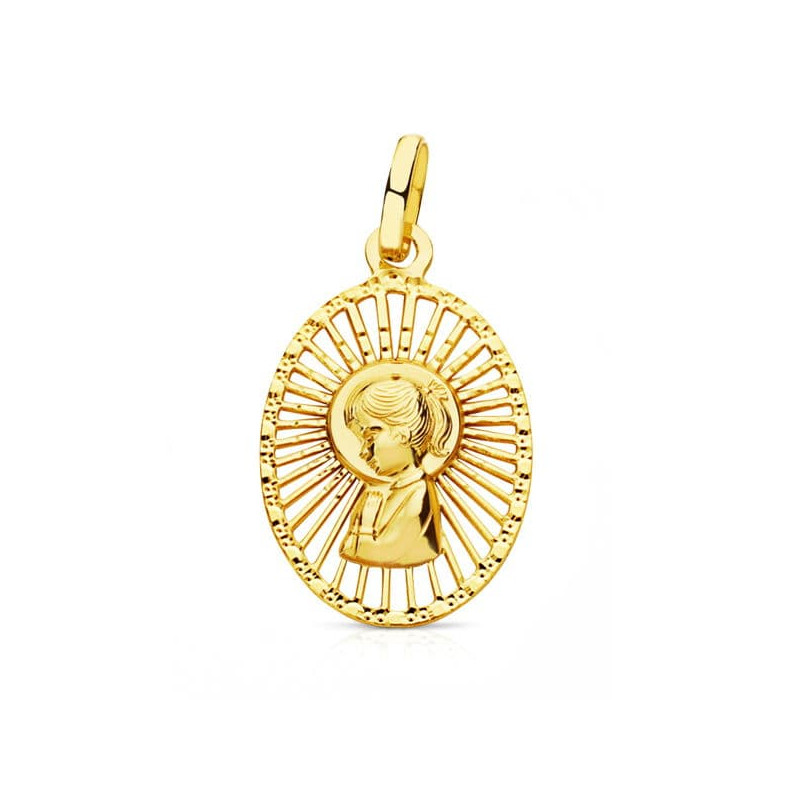 18K MEDALLA ORO AMARILLO VIRGEN NIÑA CERCO CALADO 22X14 MM