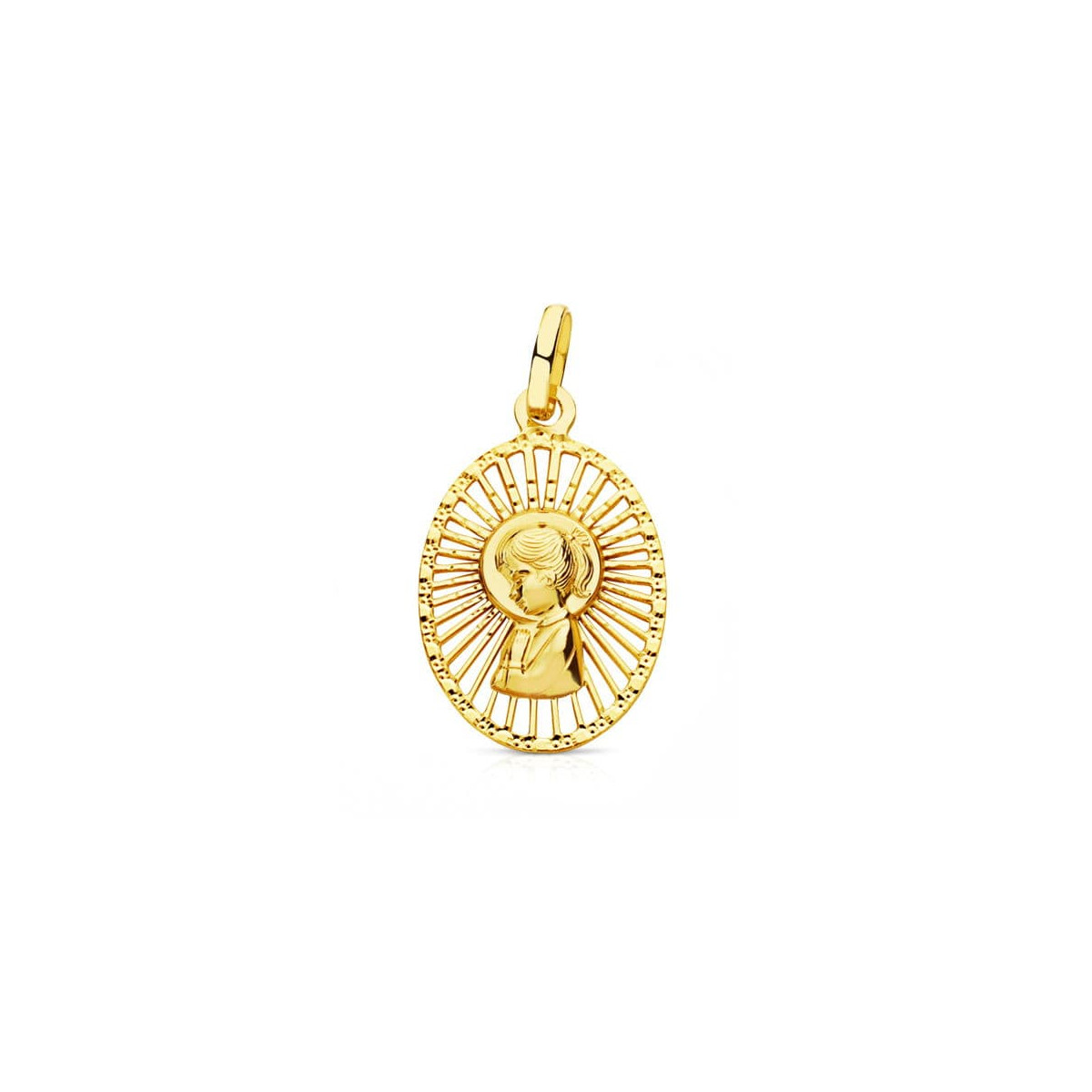 18K MEDALLA ORO AMARILLO VIRGEN NIÑA CERCO CALADO 22X14 MM